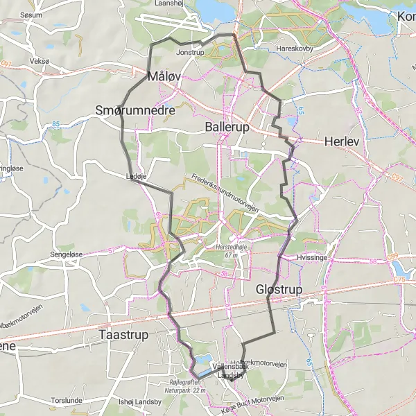 Map miniature of "Vallensbæk to Glostrup Loop via Ledøje and Skovlunde" cycling inspiration in Hovedstaden, Denmark. Generated by Tarmacs.app cycling route planner