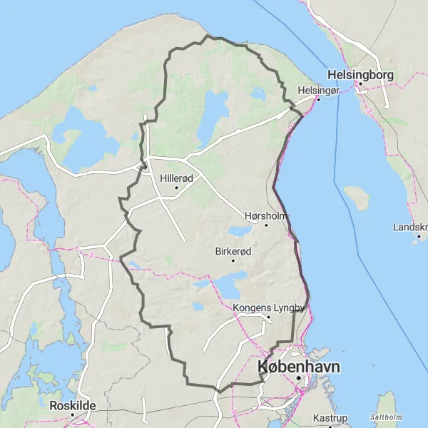 Map miniature of "Challenging Climbs and Scenic Routes" cycling inspiration in Hovedstaden, Denmark. Generated by Tarmacs.app cycling route planner