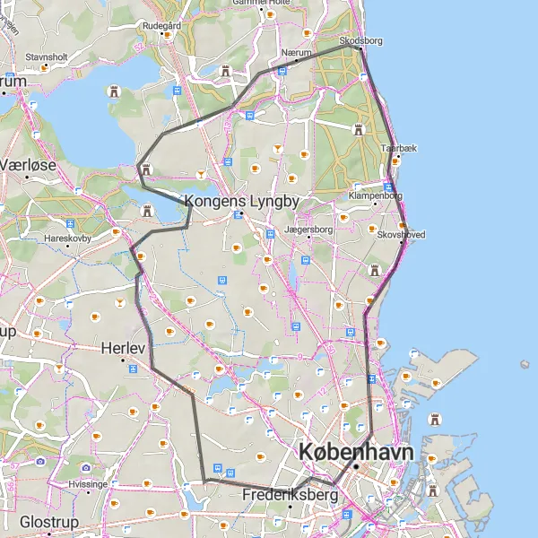 Map miniature of "Bagsværd Loop" cycling inspiration in Hovedstaden, Denmark. Generated by Tarmacs.app cycling route planner