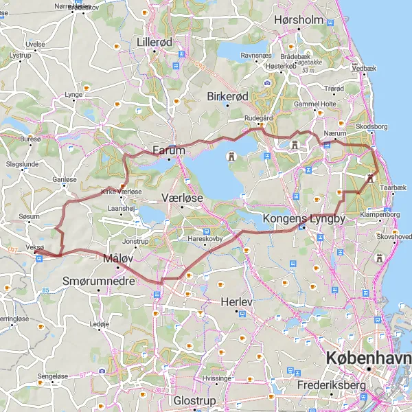 Map miniature of "Gravel Adventure through Nature" cycling inspiration in Hovedstaden, Denmark. Generated by Tarmacs.app cycling route planner
