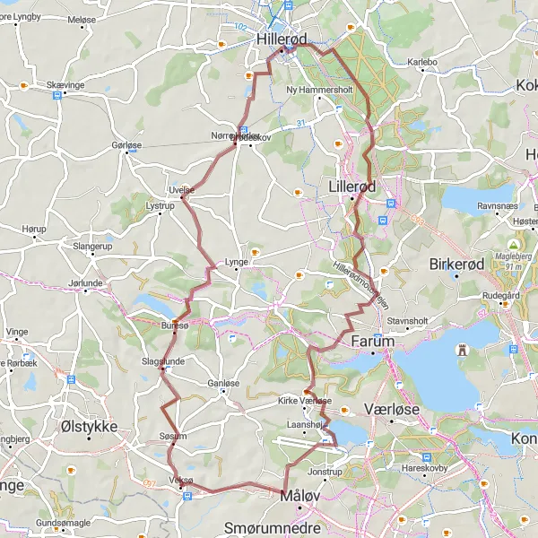 Map miniature of "Veksø - Kildedal By Gravel Route" cycling inspiration in Hovedstaden, Denmark. Generated by Tarmacs.app cycling route planner