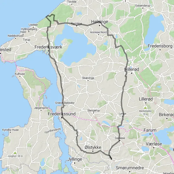 Map miniature of "The Veksø Loop" cycling inspiration in Hovedstaden, Denmark. Generated by Tarmacs.app cycling route planner