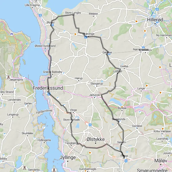 Map miniature of "Scenic Route through Frederikssund" cycling inspiration in Hovedstaden, Denmark. Generated by Tarmacs.app cycling route planner