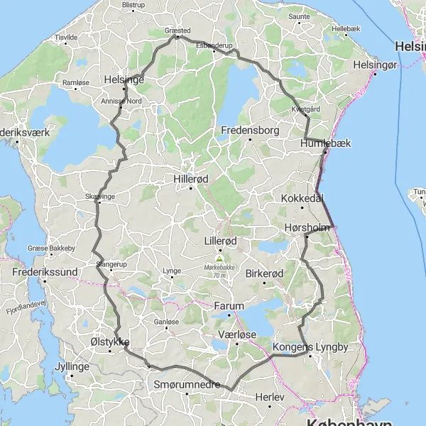 Map miniature of "Copenhagen to the Coast" cycling inspiration in Hovedstaden, Denmark. Generated by Tarmacs.app cycling route planner