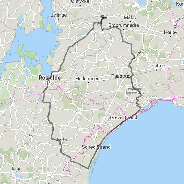 Map miniature of "Ledøje and Risby Vandværkshøj Route" cycling inspiration in Hovedstaden, Denmark. Generated by Tarmacs.app cycling route planner