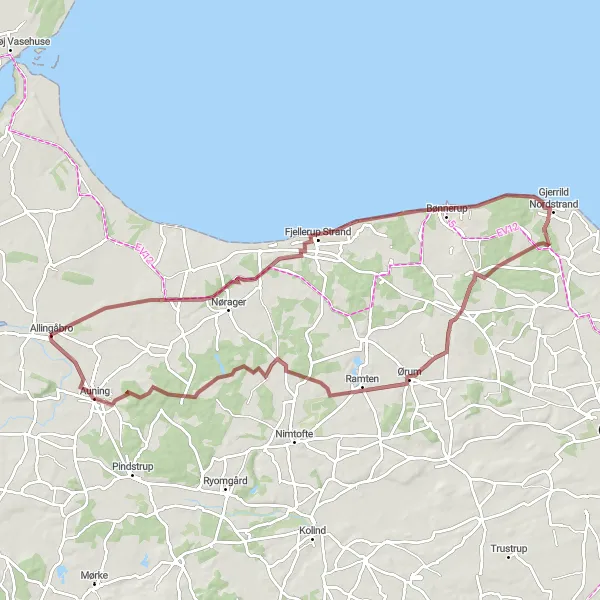 Map miniature of "Allingåbro Gravel Adventure" cycling inspiration in Midtjylland, Denmark. Generated by Tarmacs.app cycling route planner