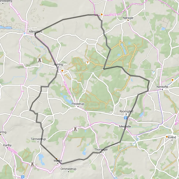 Map miniature of "Countryside Ride to Gammel Ryomgård" cycling inspiration in Midtjylland, Denmark. Generated by Tarmacs.app cycling route planner