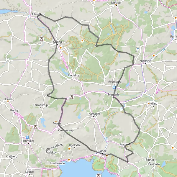 Map miniature of "The Rolling Hills Route" cycling inspiration in Midtjylland, Denmark. Generated by Tarmacs.app cycling route planner