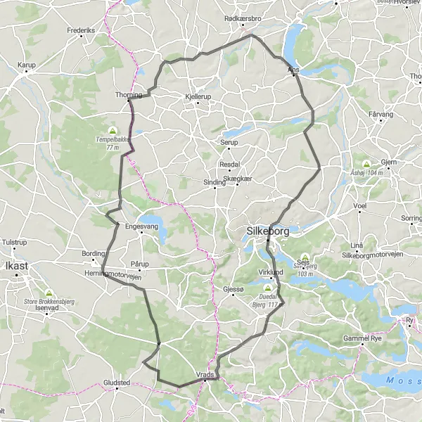 Map miniature of "Ans – Grønbæk – Brassø – Them – Vrads – Drejsbjerg - Hjøllund - Thorning - Sjørslev - Tange Sø" cycling inspiration in Midtjylland, Denmark. Generated by Tarmacs.app cycling route planner