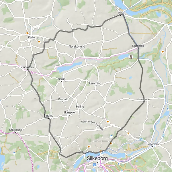 Map miniature of "Ans – Grønbæk – Sinding - Hindbjerg" cycling inspiration in Midtjylland, Denmark. Generated by Tarmacs.app cycling route planner