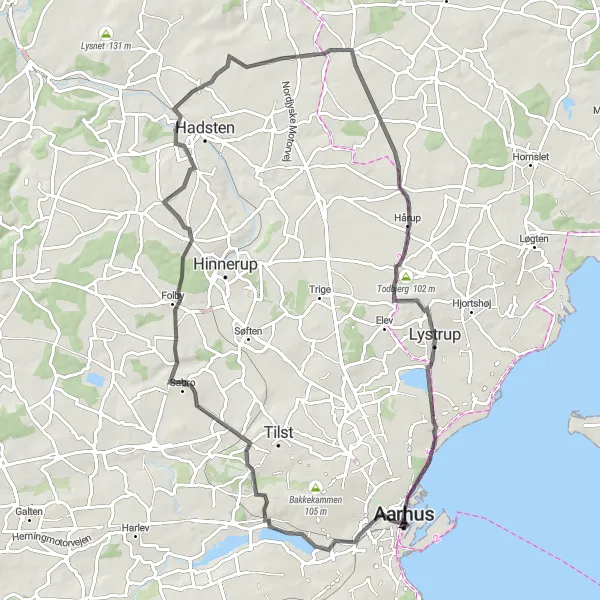 Map miniature of "The Brabrand Loop" cycling inspiration in Midtjylland, Denmark. Generated by Tarmacs.app cycling route planner