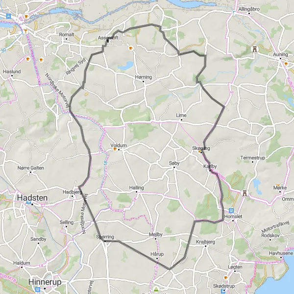 Map miniature of "Vester Alling Loop" cycling inspiration in Midtjylland, Denmark. Generated by Tarmacs.app cycling route planner