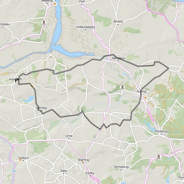 Map miniature of "Exploring Allingåbro and Auning" cycling inspiration in Midtjylland, Denmark. Generated by Tarmacs.app cycling route planner