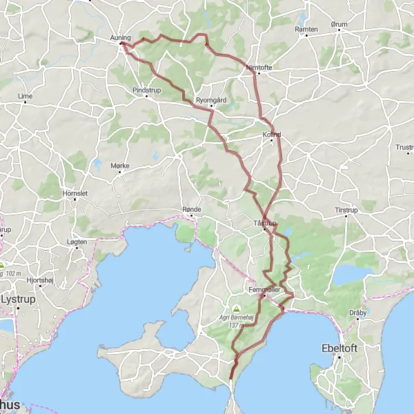 Map miniature of "Gravel Adventure: Discovering Nimtofte and Fuglsø" cycling inspiration in Midtjylland, Denmark. Generated by Tarmacs.app cycling route planner