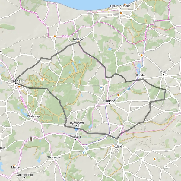 Miniaturekort af cykelinspirationen "Opdag Nørager og Ryomgård på denne 51 km lange rute" i Midtjylland, Denmark. Genereret af Tarmacs.app cykelruteplanlægger