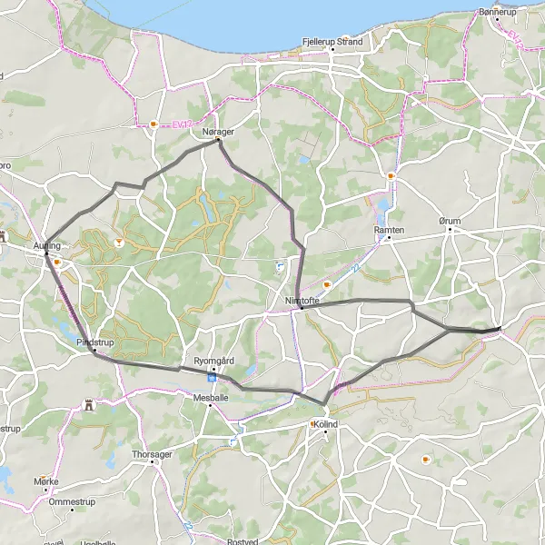 Map miniature of "Historical Road Cycling Route" cycling inspiration in Midtjylland, Denmark. Generated by Tarmacs.app cycling route planner