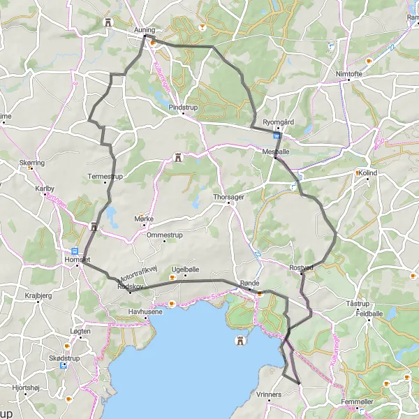 Map miniature of "Exploring Gammel Ryomgård and Rodskov" cycling inspiration in Midtjylland, Denmark. Generated by Tarmacs.app cycling route planner