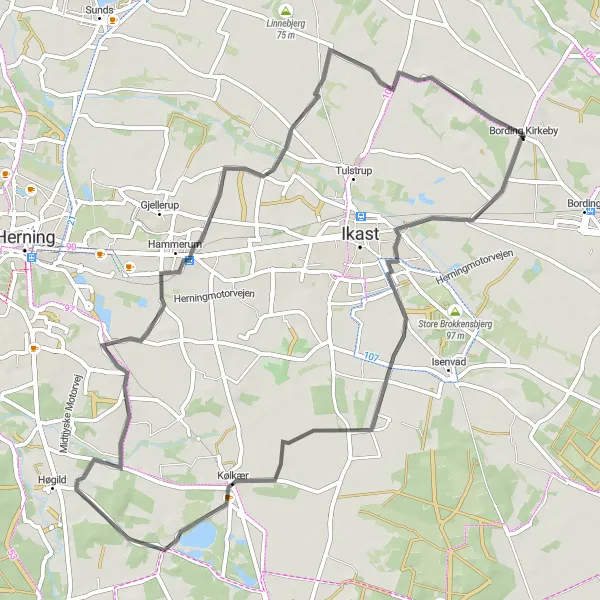Map miniature of "Road Cycling Route with Stunning Views" cycling inspiration in Midtjylland, Denmark. Generated by Tarmacs.app cycling route planner