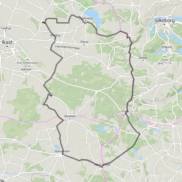 Map miniature of "Scenic Road Cycling Route with Challenging Climbs" cycling inspiration in Midtjylland, Denmark. Generated by Tarmacs.app cycling route planner