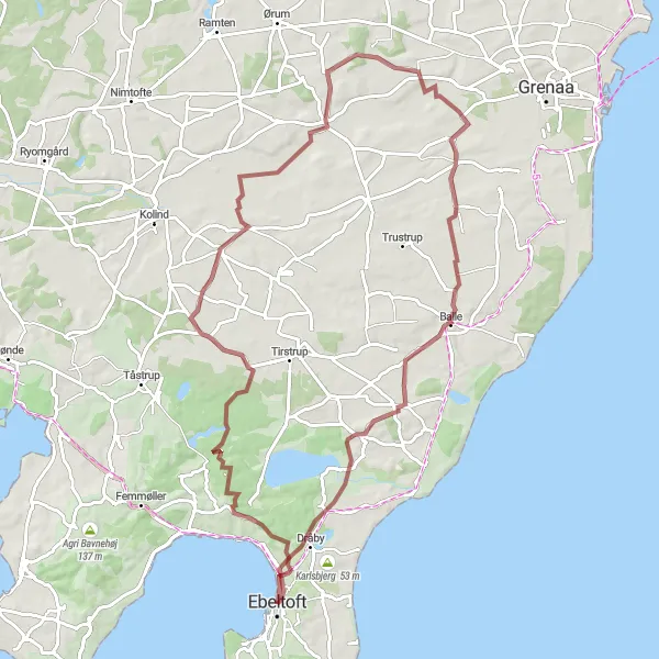 Map miniature of "Balle & Skovsland Gravel Loop" cycling inspiration in Midtjylland, Denmark. Generated by Tarmacs.app cycling route planner