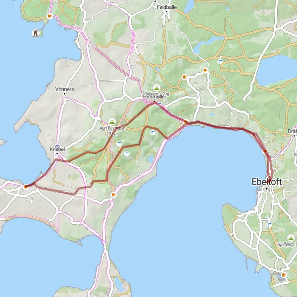 Map miniature of "Femmøller to Trehøje Gravel Route" cycling inspiration in Midtjylland, Denmark. Generated by Tarmacs.app cycling route planner