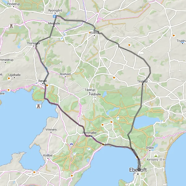 Map miniature of "Ebeltoft to Stolpehøj Road Trip" cycling inspiration in Midtjylland, Denmark. Generated by Tarmacs.app cycling route planner
