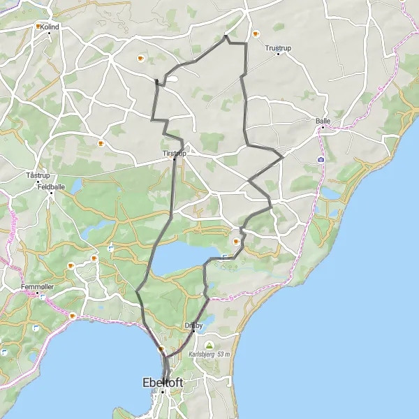 Map miniature of "Ebeltoft Scenic Ride" cycling inspiration in Midtjylland, Denmark. Generated by Tarmacs.app cycling route planner