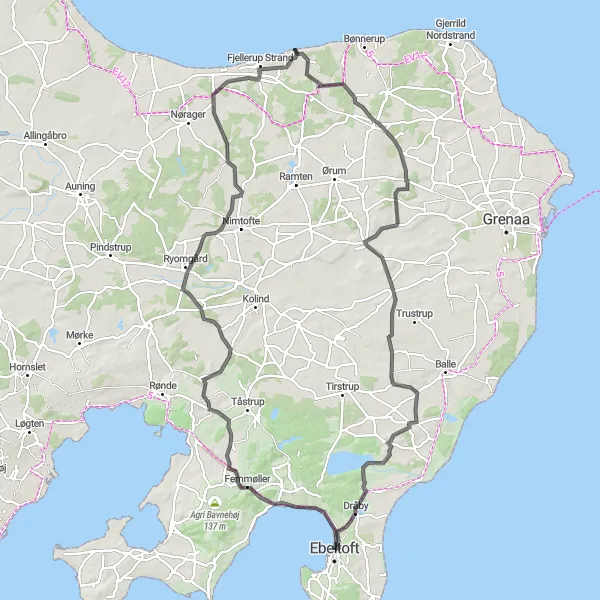 Map miniature of "Ebeltoft to Dråby Road Trip" cycling inspiration in Midtjylland, Denmark. Generated by Tarmacs.app cycling route planner