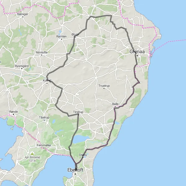 Map miniature of "Ebeltoft Coastline Ride" cycling inspiration in Midtjylland, Denmark. Generated by Tarmacs.app cycling route planner