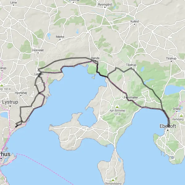 Map miniature of "Ebeltoft Coastal Ride" cycling inspiration in Midtjylland, Denmark. Generated by Tarmacs.app cycling route planner