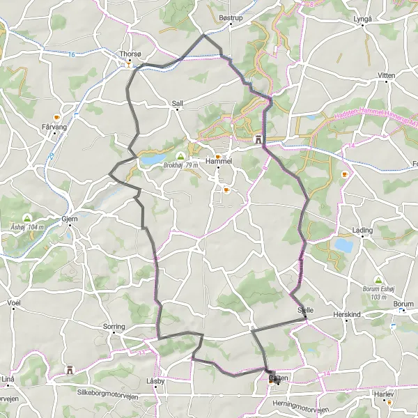 Map miniature of "Tour of Toustrup" cycling inspiration in Midtjylland, Denmark. Generated by Tarmacs.app cycling route planner