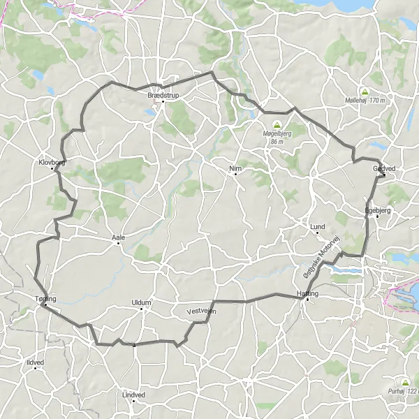 Map miniature of "Korning and Grædstrup Challenge" cycling inspiration in Midtjylland, Denmark. Generated by Tarmacs.app cycling route planner