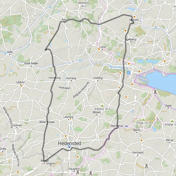 Map miniature of "Bygholm and the Scenic Countryside" cycling inspiration in Midtjylland, Denmark. Generated by Tarmacs.app cycling route planner