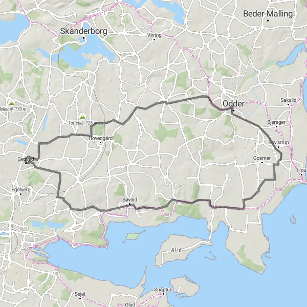 Map miniature of "Gedved and the Surrounding Villages" cycling inspiration in Midtjylland, Denmark. Generated by Tarmacs.app cycling route planner