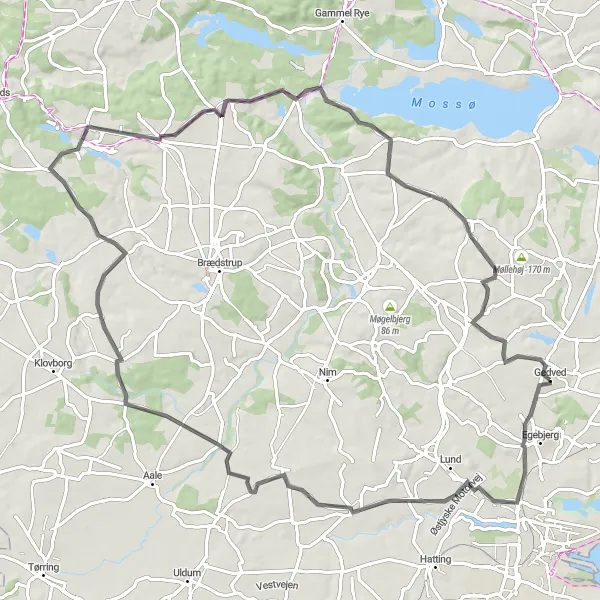 Map miniature of "The Bryrup Ride" cycling inspiration in Midtjylland, Denmark. Generated by Tarmacs.app cycling route planner