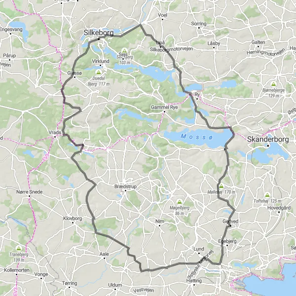 Map miniature of "The Møgelhøj Challenge" cycling inspiration in Midtjylland, Denmark. Generated by Tarmacs.app cycling route planner