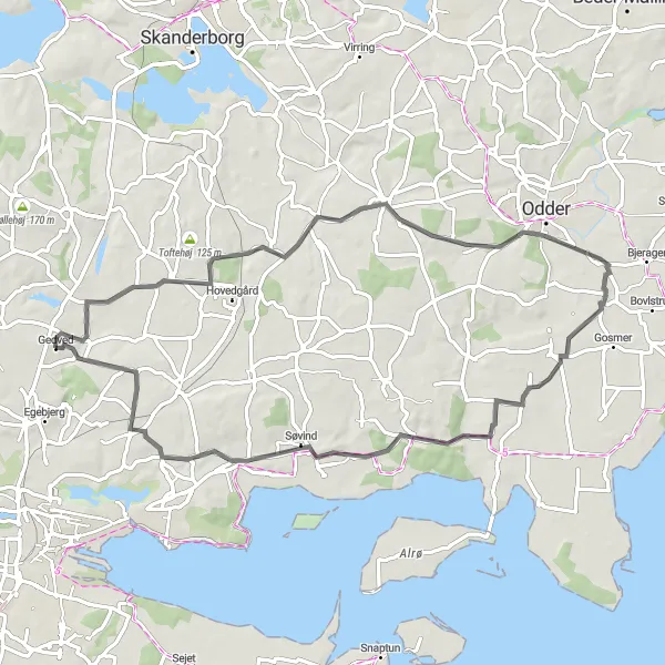 Map miniature of "The Torrild Loop" cycling inspiration in Midtjylland, Denmark. Generated by Tarmacs.app cycling route planner