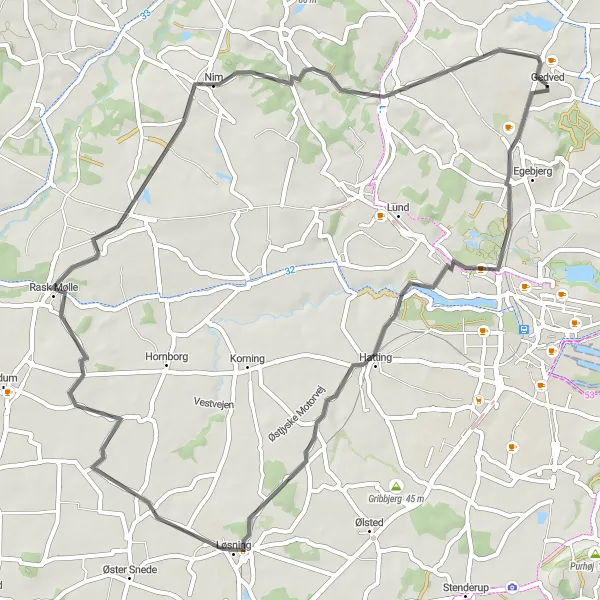 Map miniature of "Gedved Hatting Loop" cycling inspiration in Midtjylland, Denmark. Generated by Tarmacs.app cycling route planner