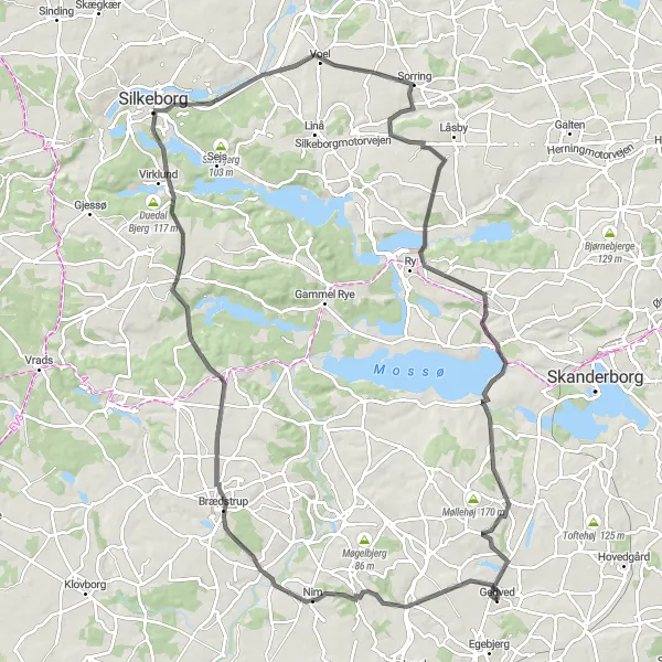 Map miniature of "Gedved Brædstrup Elevation Challenge" cycling inspiration in Midtjylland, Denmark. Generated by Tarmacs.app cycling route planner