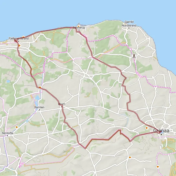 Miniaturekort af cykelinspirationen "Grusvej cykeltur fra Grenaa via Ørum og Bønnerup Strand til Kristiansminde" i Midtjylland, Denmark. Genereret af Tarmacs.app cykelruteplanlægger