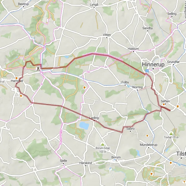 Map miniature of "Lading Gravel Exploration" cycling inspiration in Midtjylland, Denmark. Generated by Tarmacs.app cycling route planner