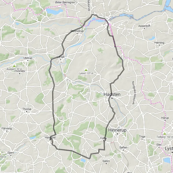 Map miniature of "Nørre Galten Road Adventure" cycling inspiration in Midtjylland, Denmark. Generated by Tarmacs.app cycling route planner