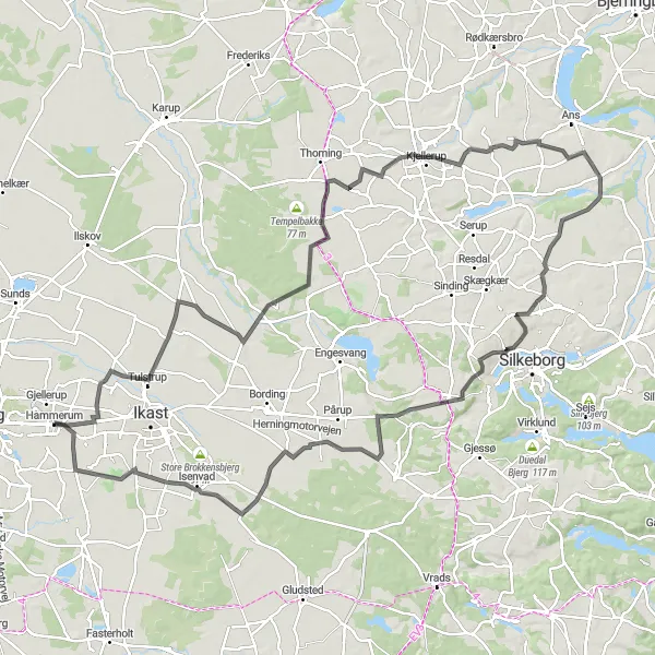 Map miniature of "Scenic Road Cycling: Midtjylland's Countryside" cycling inspiration in Midtjylland, Denmark. Generated by Tarmacs.app cycling route planner