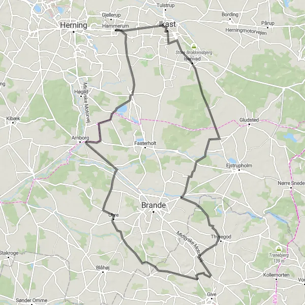 Map miniature of "Ikast to Arnborg Loop" cycling inspiration in Midtjylland, Denmark. Generated by Tarmacs.app cycling route planner