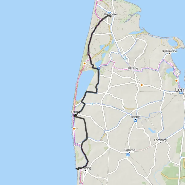 Map miniature of "Vrist Explorer" cycling inspiration in Midtjylland, Denmark. Generated by Tarmacs.app cycling route planner