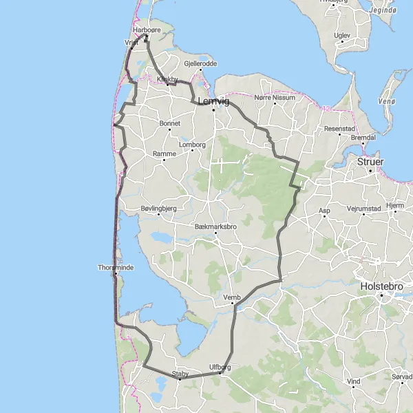 Map miniature of "The Great Lakes Loop" cycling inspiration in Midtjylland, Denmark. Generated by Tarmacs.app cycling route planner