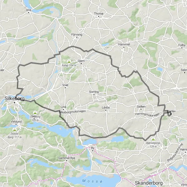 Map miniature of "Harlev to Bjørnebjerge Road Cycling Route" cycling inspiration in Midtjylland, Denmark. Generated by Tarmacs.app cycling route planner