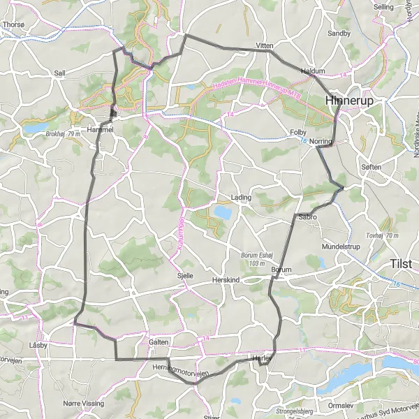 Map miniature of "The Harlev-Lovskov Circuit" cycling inspiration in Midtjylland, Denmark. Generated by Tarmacs.app cycling route planner