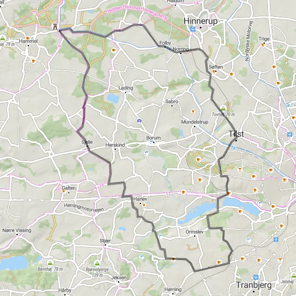 Map miniature of "Hasselager Circuit" cycling inspiration in Midtjylland, Denmark. Generated by Tarmacs.app cycling route planner