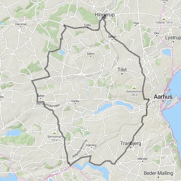 Map miniature of "The Åbyhøj Road Loop" cycling inspiration in Midtjylland, Denmark. Generated by Tarmacs.app cycling route planner